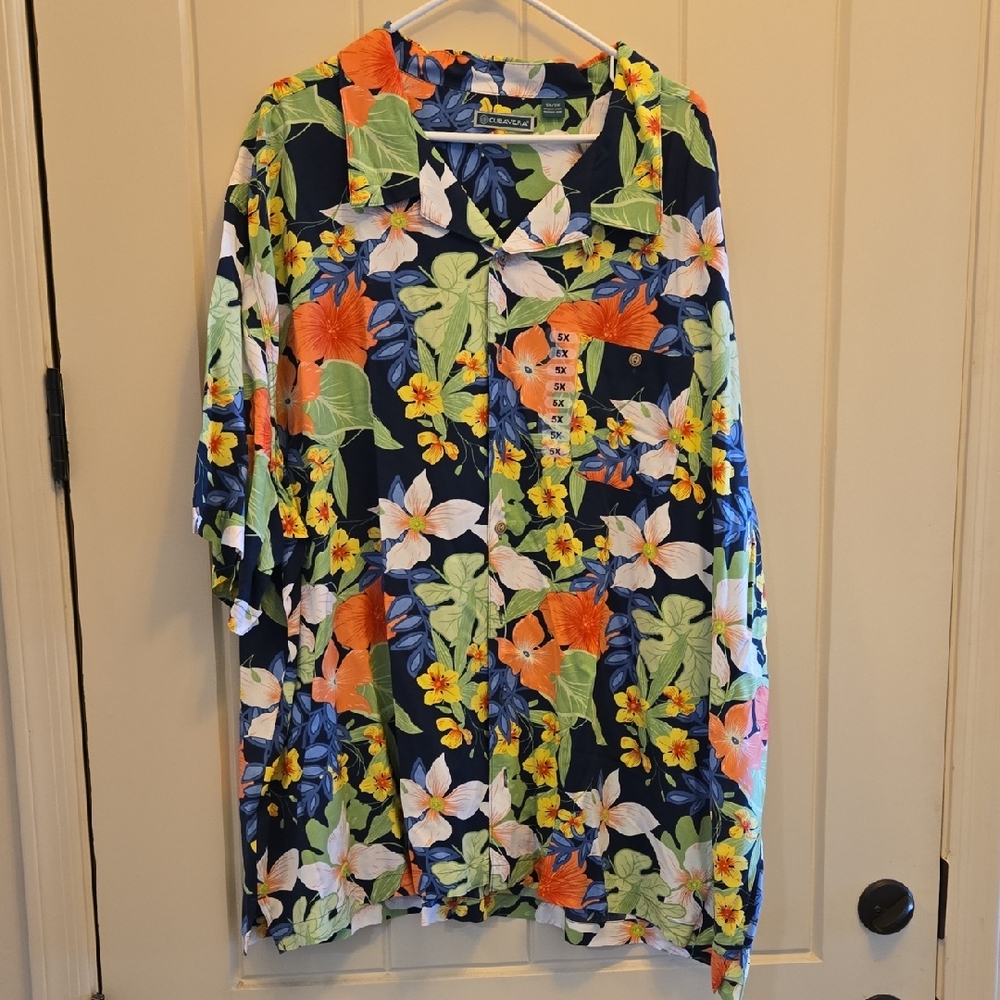 Cubavera Men's Floral Button Down Shirt - Navy and Orange